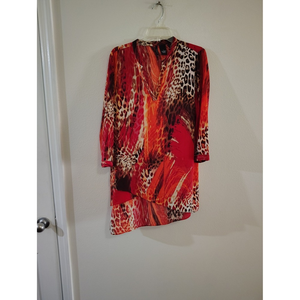 New Directions Womens Red Orange Animal Print High Low V-Neck Tunic Blouse Large